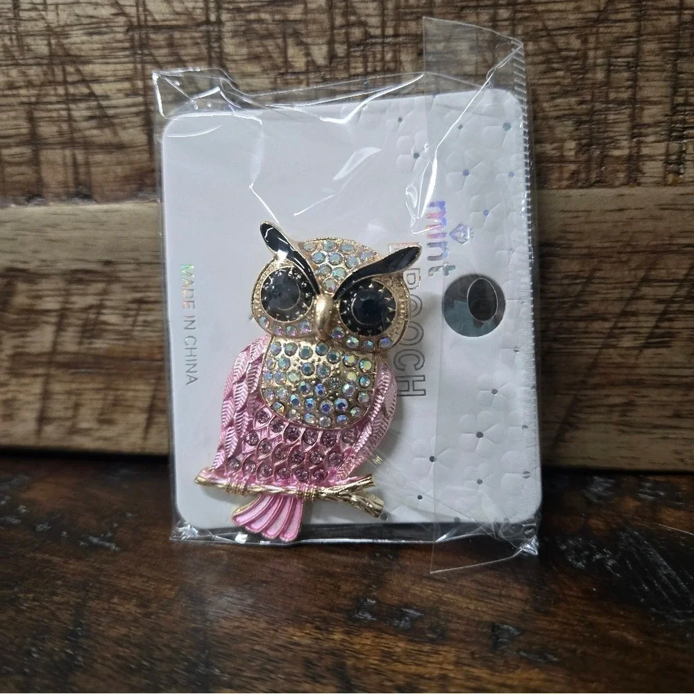 Pink & Golden, Mint Colorful Crystal Owl Brooch, Chunky